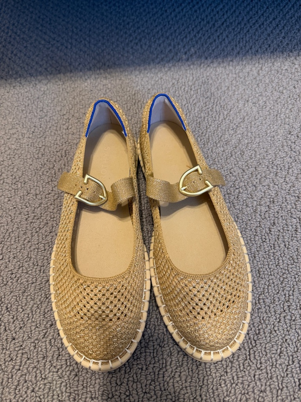 Rothy's Woven Tan Mary Jane Flats with Gold Buckle Accents